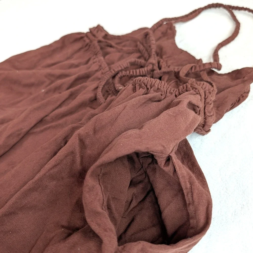 Free People Babydoll Brown Cotton Linen Strappy Back Mini Dress Pockets XS
